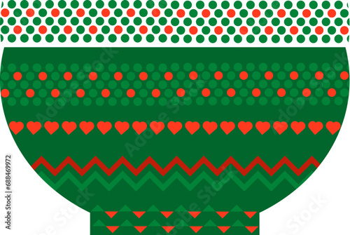 Ceramic pot with hot food with Norwegian national holiday pattern in red and green colors. Pot with hot food in handmade knitted ornate style. Simple flat vector isolated on white background