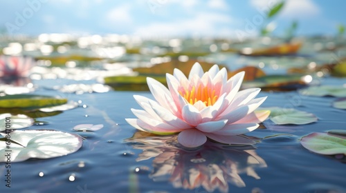 An enchanting illustration showcases water lilies in their full glory, creating a vivid spectacle on a quiet pond.