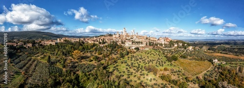 drone panorama view of the Italian hill town of San Gimignano in Tuscany © makasana photo