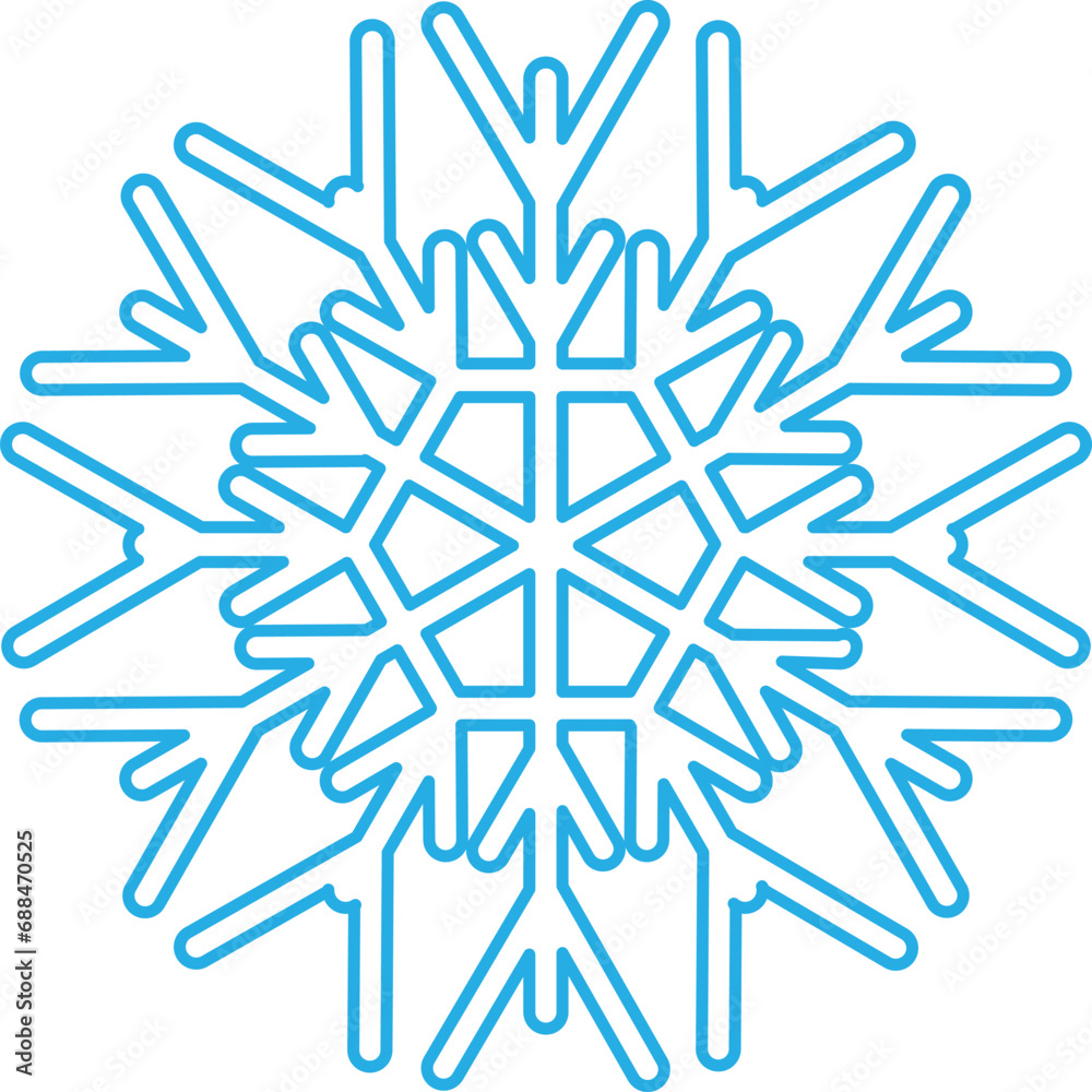 Blue stroked silhouette of snowflake, element of winter festival decoration. Winter snow, Christmas pure miracle symbol. Simple liner vector icon isolated on white background Blue stroked silhouette of snowflake, element of winter festival decoration. Winter snow, Christmas pure miracle symbol. Simple liner vector icon isolated on white background