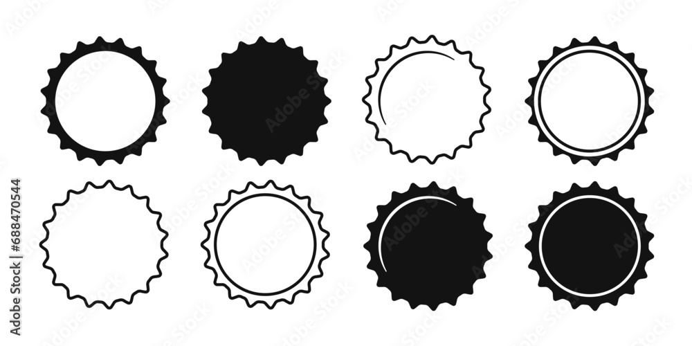 Beer bottle cap icons. Blank label in the shape of aluminum bottle cap. Top view. Soda or beer metal lid. Black and white flat icon. Vector illustration isolated on white background.