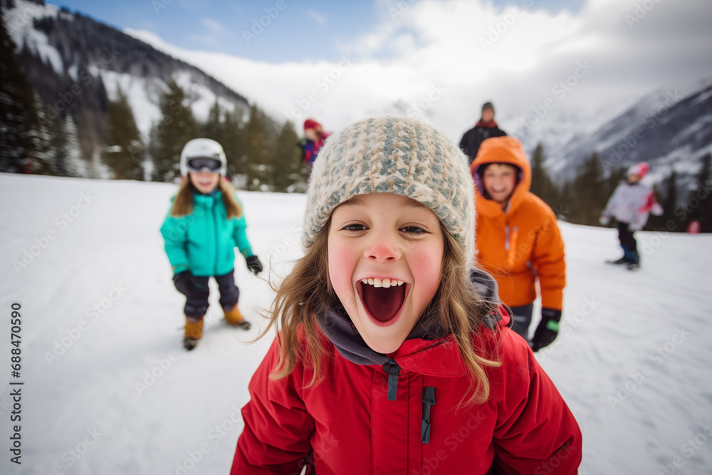 Winter sport happy girl, child and friends selfie portrait on snow mountains landscape