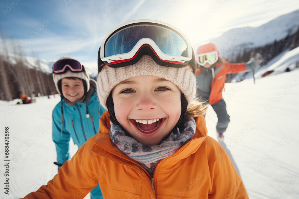 Winter sport happy girl, child and friends selfie portrait on snow mountains landscape Winter sport happy girl, child and friends selfie portrait on snow mountains landscape