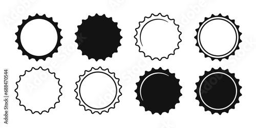 Beer bottle cap icons. Blank label in the shape of aluminum bottle cap. Top view. Soda or beer metal lid. Black and white flat icon. Vector illustration isolated on white background. photo