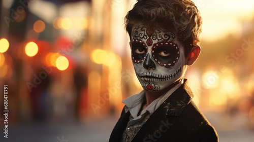 A frighteningly fantastic Mardi Gras portrait featuring a boy with intricate face paint. photo