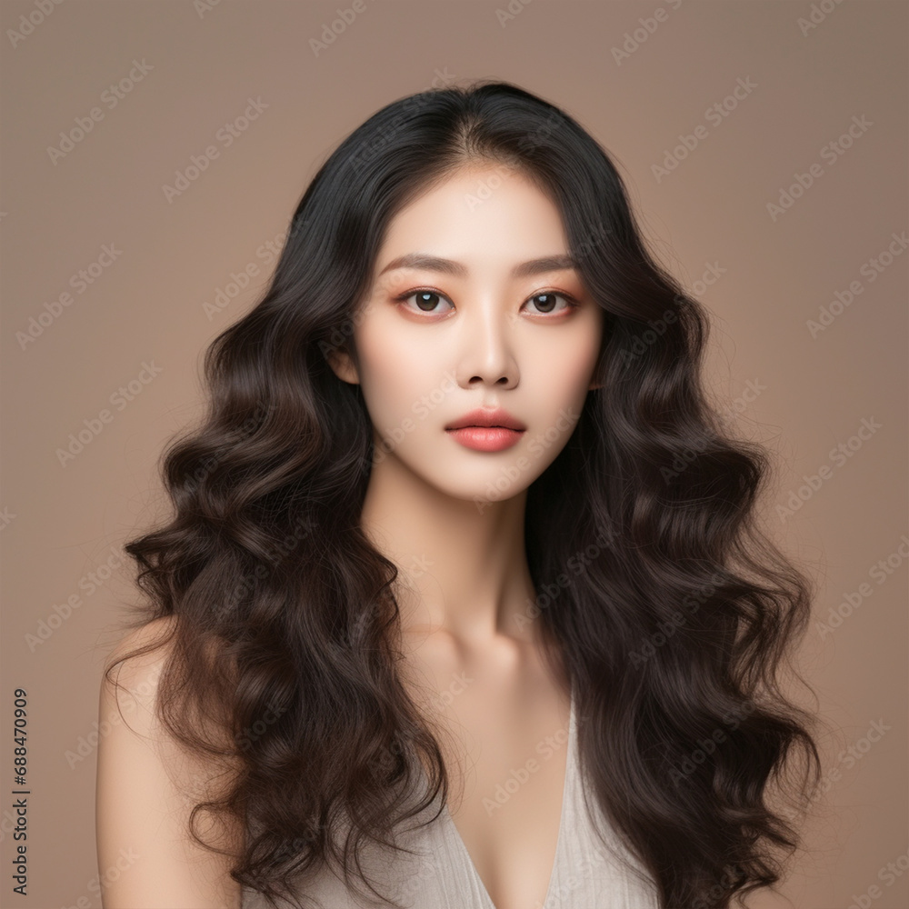Naklejka premium Young Asian beauty woman curly long hair with korean makeup style touch her face and perfect skin on isolated beige background, ai technology