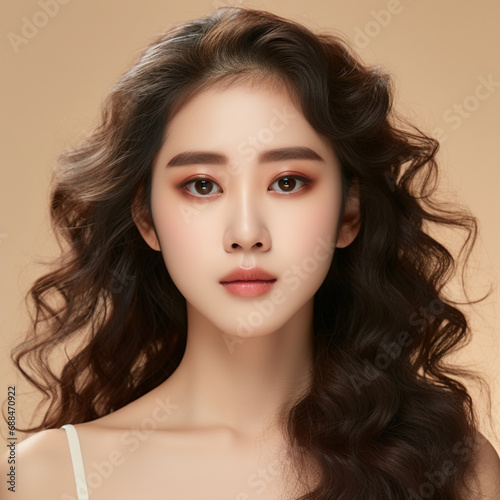 Young Asian beauty woman curly long hair with korean makeup style touch her face and perfect skin on isolated beige background, ai technology