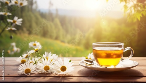 Drinking tea on a wooden table in the sunlight with fresh flowers, in the style of shaped canvas