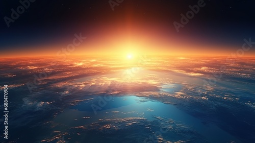 Sunrise view of the planet Earth from space with the sun setting over the horizon