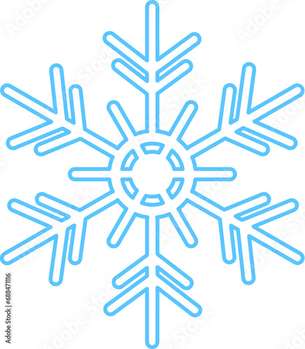 Blue stroked silhouette of snowflake, element of winter festival decoration. Winter snow, Christmas pure miracle symbol. Simple liner vector icon isolated on white background