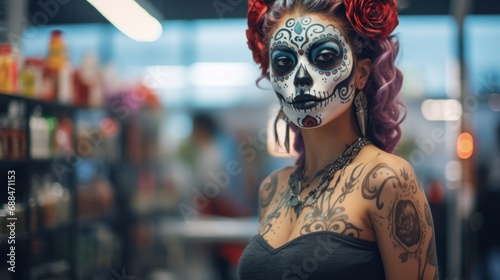 A celebration of darkness-a girl adorned with sugar skull makeup at the Mardi Gras festival, a blend of beauty and horror. © ProPhotos