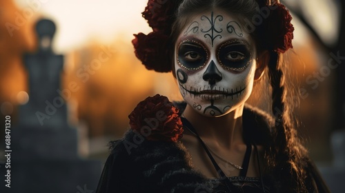 Mardi Gras enchantment in a cemetery-a girl with sugar skull makeup, adorned in black and red costume, a celebration of horror.