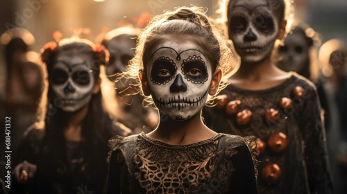 Mardi Gras magic captured-a little girl with sugar skull style makeup, celebrating in a festive Halloween costume. © ProPhotos