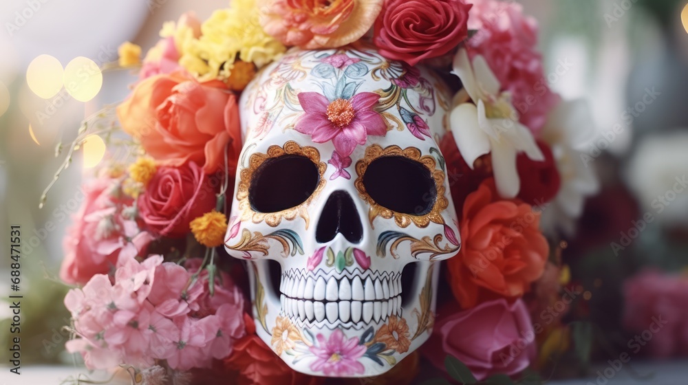 Gothic celebration in focus-a skull decorated with flowers, a symbol of Mardi Gras festivities and cultural richness. Gothic celebration in focus-a skull decorated with flowers, a symbol of Mardi Gras festivities and cultural richness.