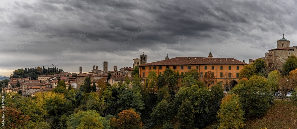 panorama view of the Citta Alta of Bergamo under an overcast sky in autumn