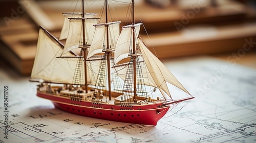 Vintage simple wooden craft scale model of a tall ship with red sails and old white nautical chart close-up. Planning travel, sailing accessories, concept art