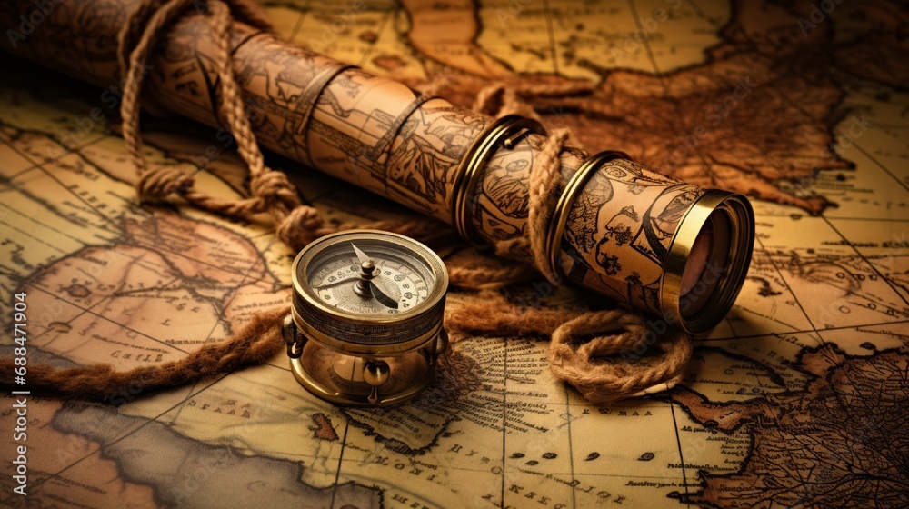 vintage spyglass with compass and rope on antique map