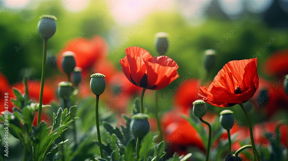 An opium poppies close-up with a blurry backdrop - obrazy, fototapety, plakaty 