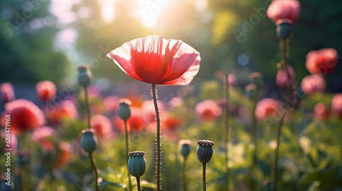 An opium poppies close-up with a blurry backdrop