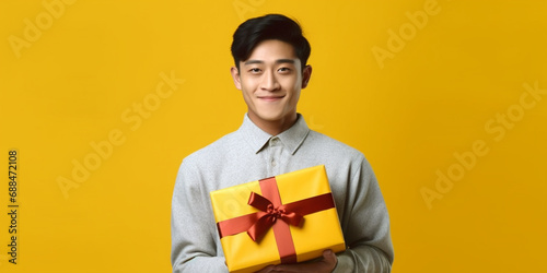 A nice young chinese man happily surprised with a gift in his hands with a yellow background © artefacti