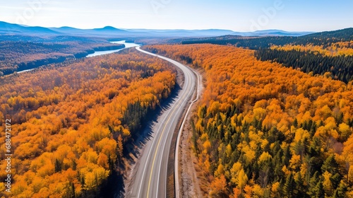 Aerial photograph of a highway road in the fall, winter, or autumn
