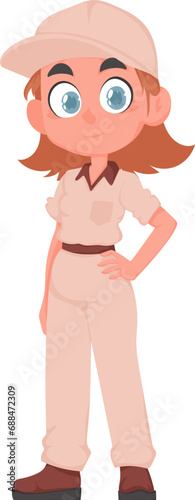 A red haired teenage girl in a beige and brown school uniform. The student is posing. Cartoon vector style.