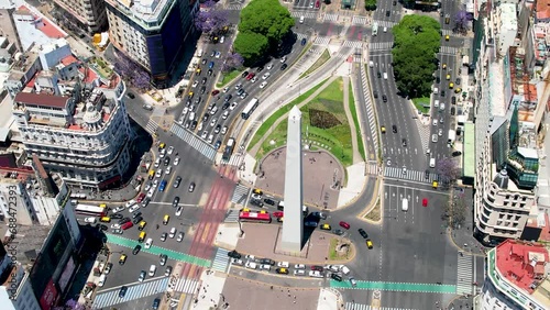 Beautiful aerial footage of the 9 of July avenue, the Republic plaza the landmark Obelisk and the impressive architecture of buildings in the city of Buenos Aires, Argentina  photo