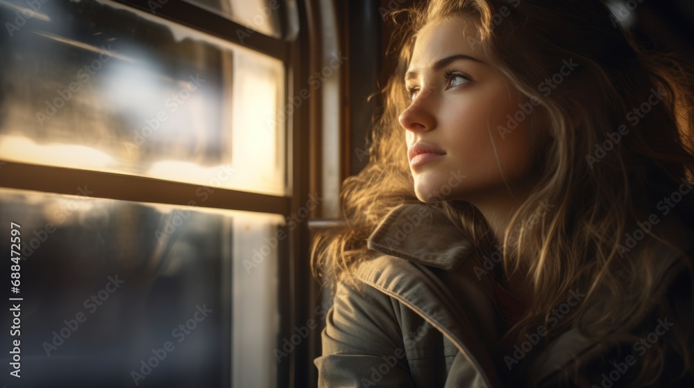Railroad beauty: a female passenger captivated by the train's outdoor scenery. - obrazy, fototapety, plakaty 