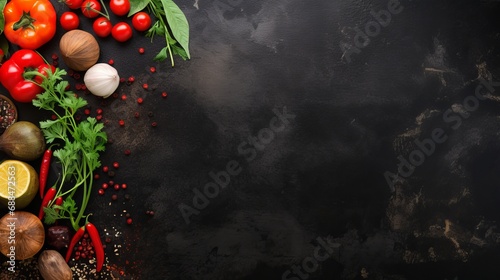 Spices and veggies, black stone cooking background, top view, writing space available.