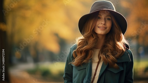 On a chilly day, a serene girl wearing a blue coat, green hat, and coat closes her eyes as she enjoys a sunny day in an autumn park with a blurry background. © Suleyman