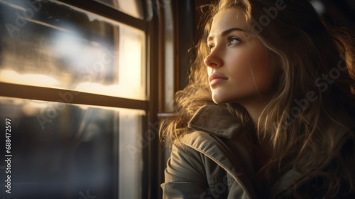 Railroad beauty: a female passenger captivated by the train's outdoor scenery. photo