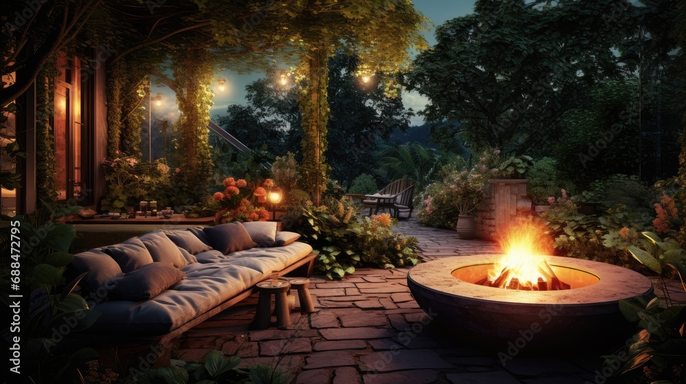 Beautiful and cozy porch with luxurious wooden furniture and a fire pit. Beautiful and cozy porch with luxurious wooden furniture and a fire pit.