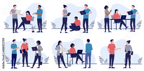 Office people teamwork Collection - Set of businesspeople using computers, talking together and having dialogue white using computers. Flat design vector illustrations on white background