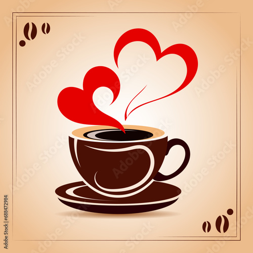 Coffee cup with red hearts hand drawn in a frame in minimalist style. Isolated design element. Menu template  coffee shop  greeting card  valentine s day  flyer. Vector illustration