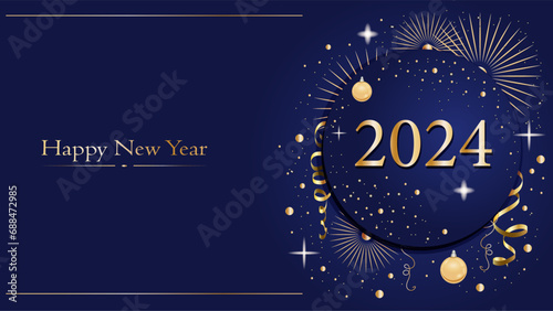 New Year abstract dark blue background happy new year 2024 with golden streamers, stars, fireworks. template cover, greeting card, poster, banner, wallpaper, flyer. Vector minimalistic style.
