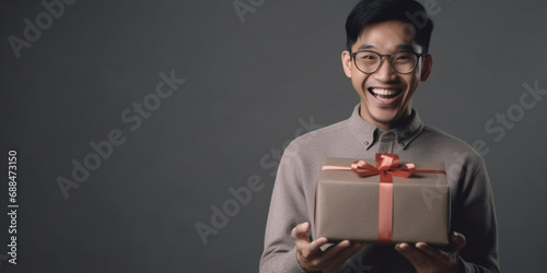 A nice young chinese man happily surprised with a gift in his hands with a gray background © artefacti