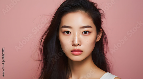 Young Asian woman with freckle makeup on pink background