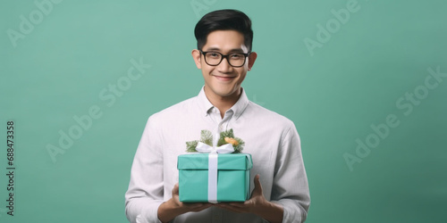 A nice young chinese man happily surprised with a gift in his hands with a green background © artefacti