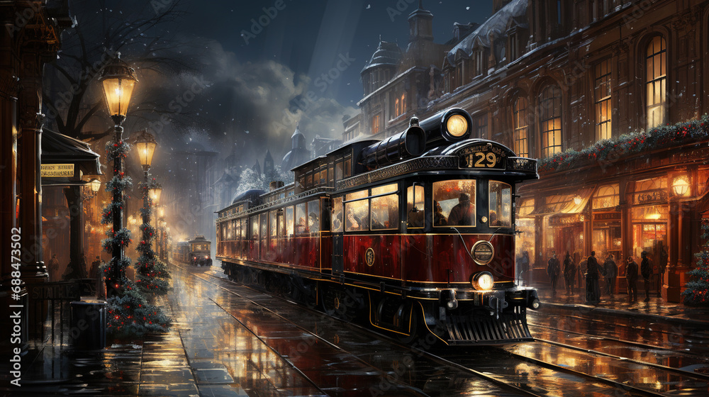 Oil Painting of Red Color Old Tram on Road Cityscape Background Oil Painting of Red Color Old Tram on Road Cityscape Background