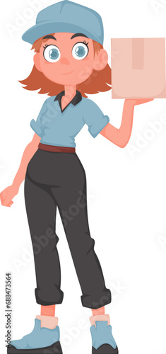 Smiling Delivery Girl with Package in Blue Uniform. Cheerful Female Courier Holding Paper Box. Vector Cartoon Illustration.