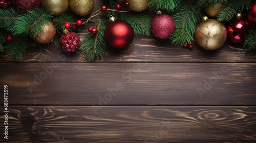 Christmas toys and decorations on a wooden background. An empty space for the text.