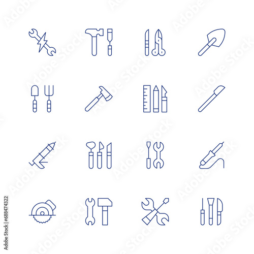 Tools line icon set on transparent background with editable stroke. Containing electrician  shovel  glue gun  circular saw  hammer  axe  tools  surgery tools  design tools  tool  scalpel  welder.