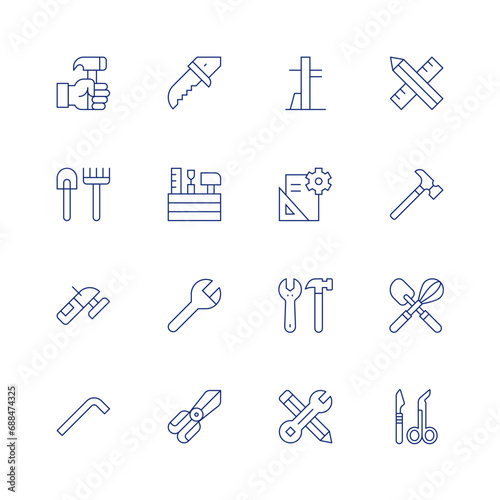 Tools line icon set on transparent background with editable stroke. Containing hammer, shovel, grinder, allen key, knife, toolkit, tools, construction and tools, tools and utensils, creative tools. photo