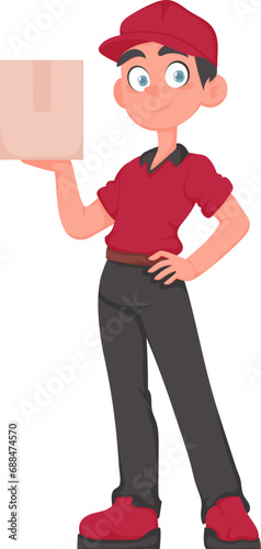 Smiling Deliveryman with Parcel: Friendly courier in red uniform holding a paper box. Vector cartoon illustration.