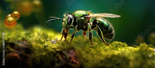 In the lush green landscape of nature, tiny metallic sweat glistened on the arthropods legs as the Apoidea bees buzzed around, their eyes capturing the beauty of the leafy surroundings, a true haven photo