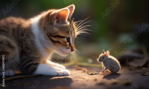 realistic photo of a cat petting a small mouse