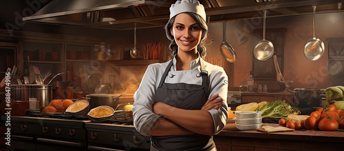 Fototapeta Naklejka Na Ścianę i Meble -  smiling female chef cooking in the kitchen at Restaurant