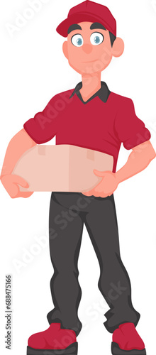 Smiling Deliveryman with Parcel: Friendly courier in red uniform holding a paper box. Vector cartoon illustration.