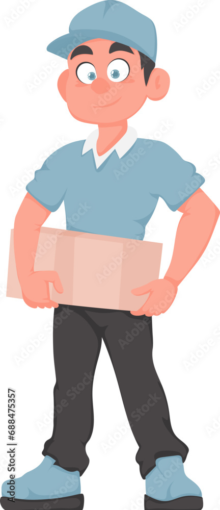 Cheerful Delivery Man with Parcel in Cartoon Vector Style. Smiling Male Courier in Blue Uniform Holding Paper Box. Express Delivery Concept. Cheerful Delivery Man with Parcel in Cartoon Vector Style. Smiling Male Courier in Blue Uniform Holding Paper Box. Express Delivery Concept.