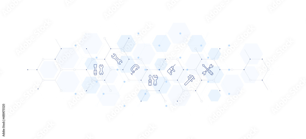 Tools banner vector illustration. Style of icon between. Containing clamp, rotary hammer, wrench, repair tools, work tools, repair.